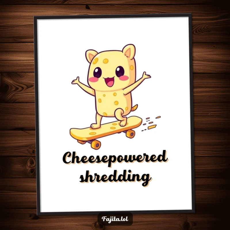 Funny poster featuring a gleeful fajita character riding a skateboard made of cheese, creating a dynamic, humorous, and action-packed scene.