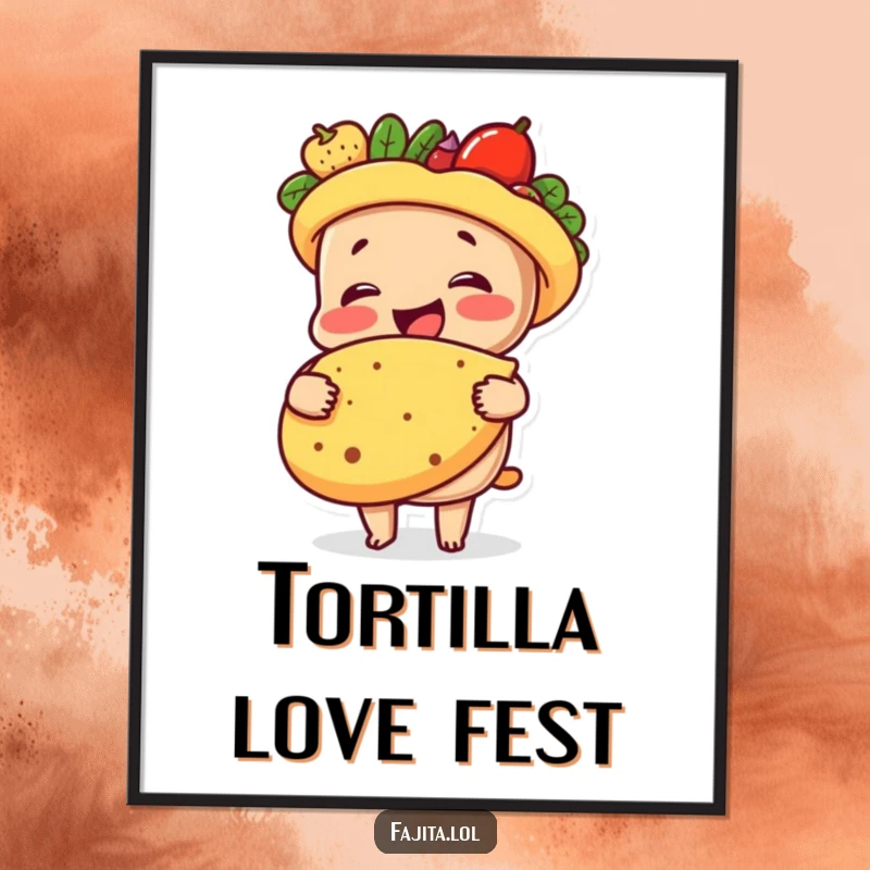 Funny poster capturing a happy fajita character in a warm embrace with a tortilla, a heartwarming and humorous illustration for decor.
