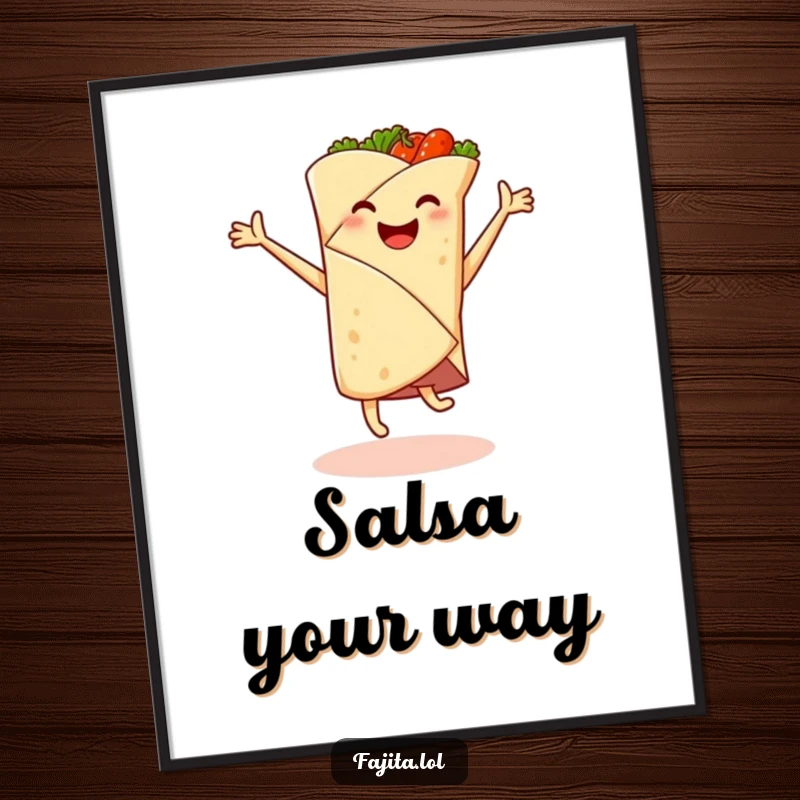Funny poster depicting a smiling fajita wrap performing a cartwheel, spicy filling erupting, a hilarious piece of food-themed art.