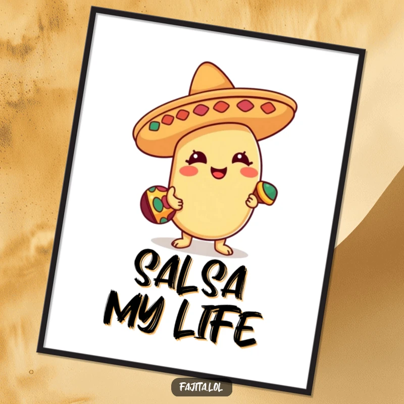 Funny Poster showcasing a jubilant bean character in a sombrero, playing a tiny maraca, creating a vibrant and humorous decorative piece.