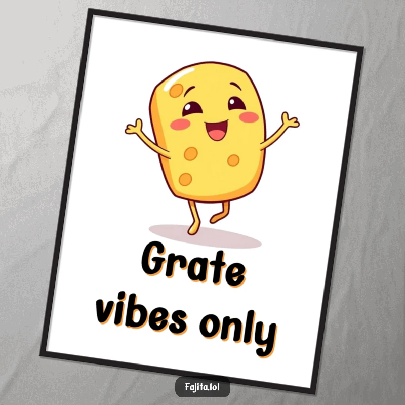 Funny poster art depicting a gleeful cheese shred character in a dynamic bouncy jig pose, full of cheesy merriment.