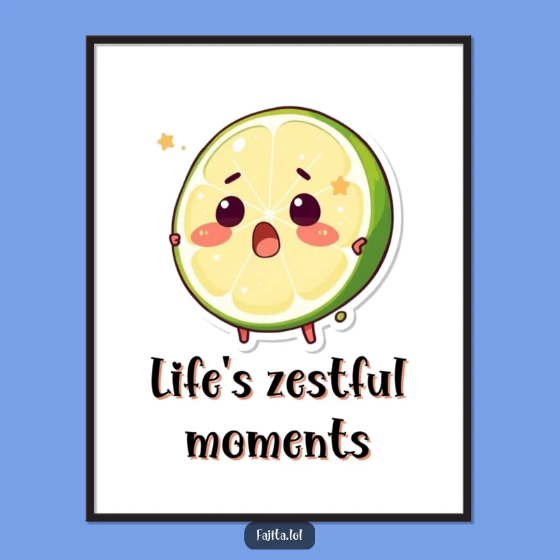 Decorate your space with this funny poster of a surprised lime wedge character being playfully squeezed. A guaranteed mood-booster.