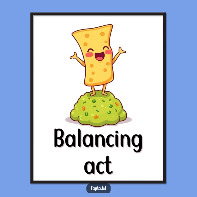 Brighten your space with this funny tortilla chip poster, striking a hilarious headstand! A fantastic piece of quirky art.