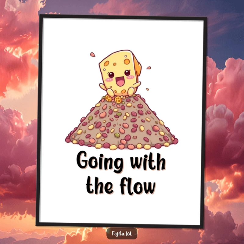 Funny poster depicting a playful cheese shred character cascading down a colorful bean mountain, perfect for whimsical decor.