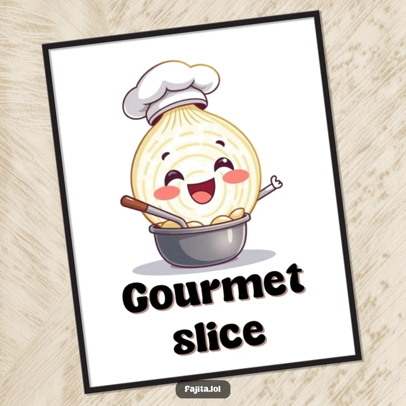 Funny poster of a delighted onion slice character in a chef hat, happily stirring a pot, bringing whimsical kitchen vibes to any wall.