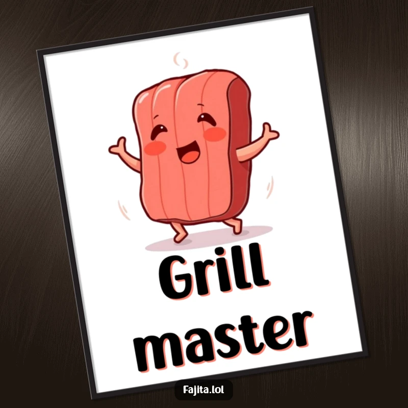 Funny poster art of a smiling grilled meat strip doing a shimmy dance, adding humorous energy to any wall.