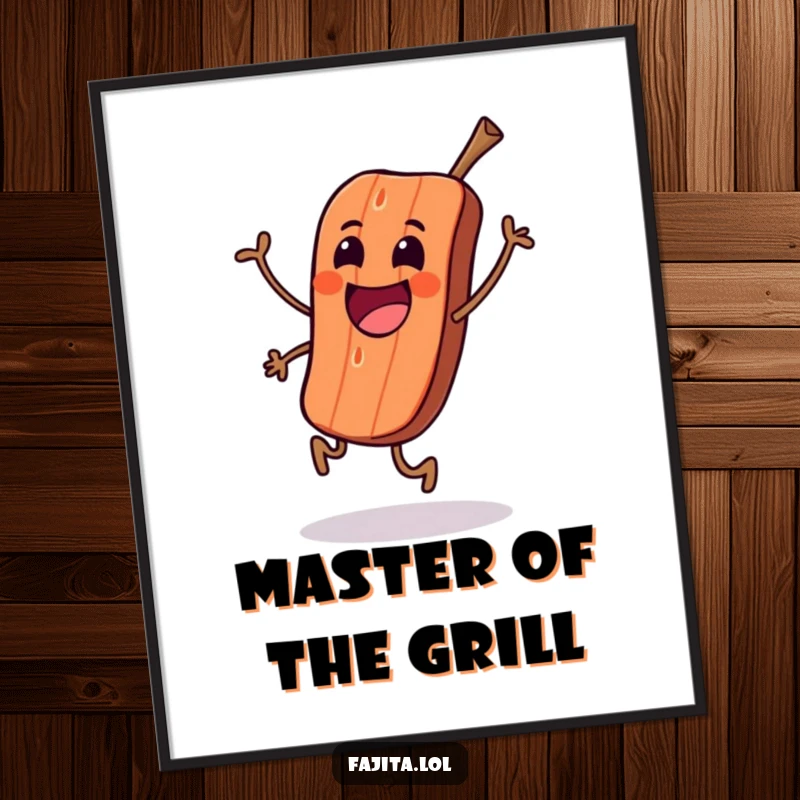 Funny poster art of an excited grilled meat character performing a happy skip, full of sizzle and fun.