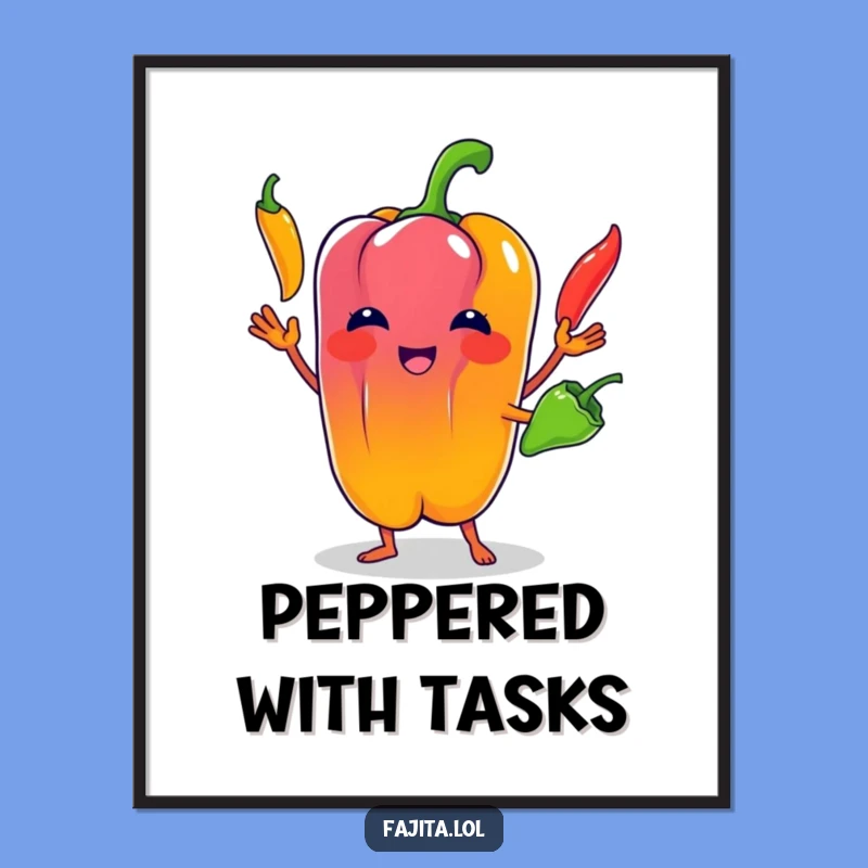 Brighten your space with this funny poster of a talented bell pepper juggling chilies! A perfect piece for kitchens, cafes, or veggie lovers.
