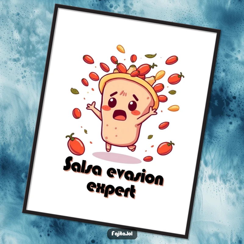 Funny poster featuring a surprised fajita character comically dodging a flying cascade of salsa, creating a dynamic, humorous, and thrilling scene.