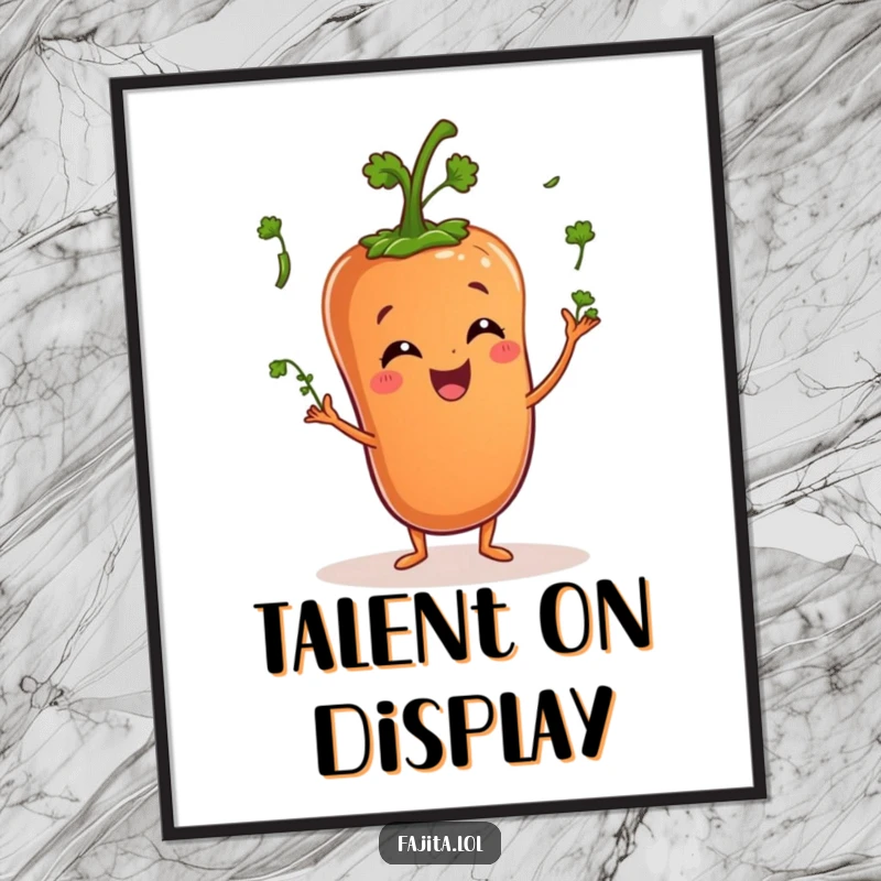 Funny poster features a happy pepper character juggling miniature cilantro sprigs, celebrating culinary skills with a smile.