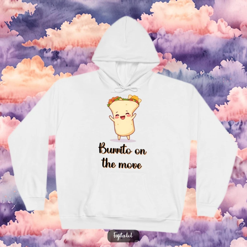 Funny burrito hoodie showcasing a happy burrito doing a cartwheel, its tortilla unfurling slightly, perfect for cozy, humorous wear.