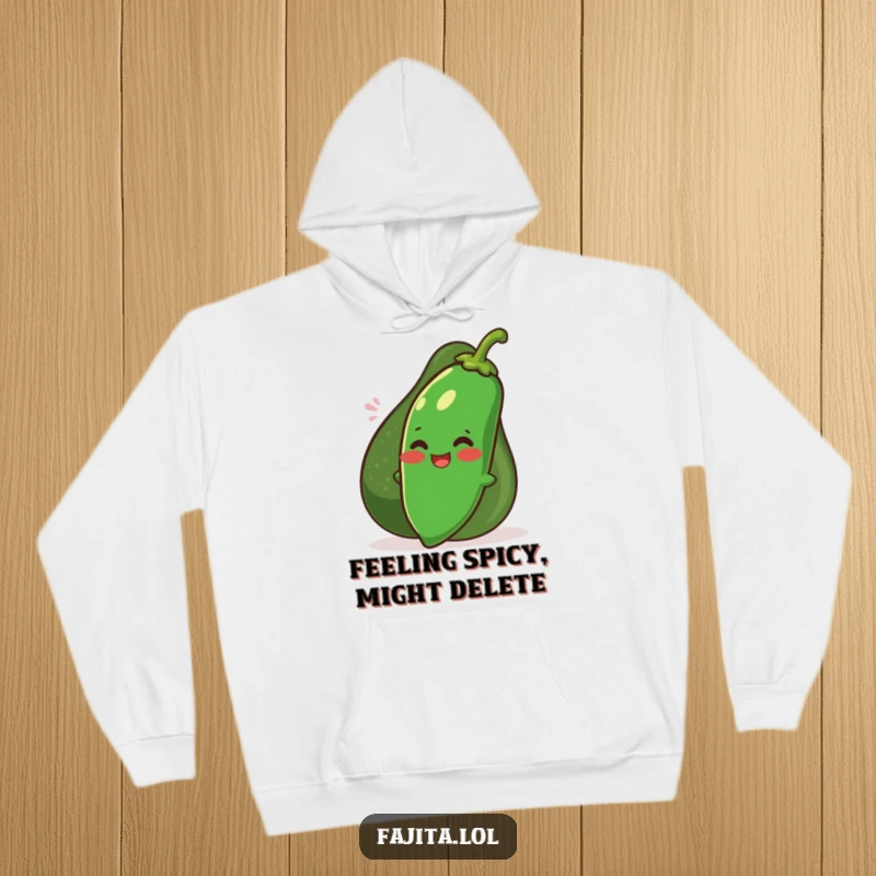 Funny blushing jalapeno character hiding behind a smiling avocado on a hoodie, perfect cozy and humorous apparel.