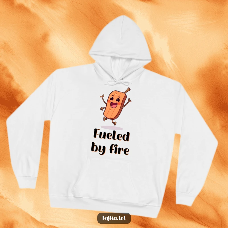 Funny hoodie depicting an excited grilled meat character in a joyful happy skip, perfect for cozying up after a grill.
