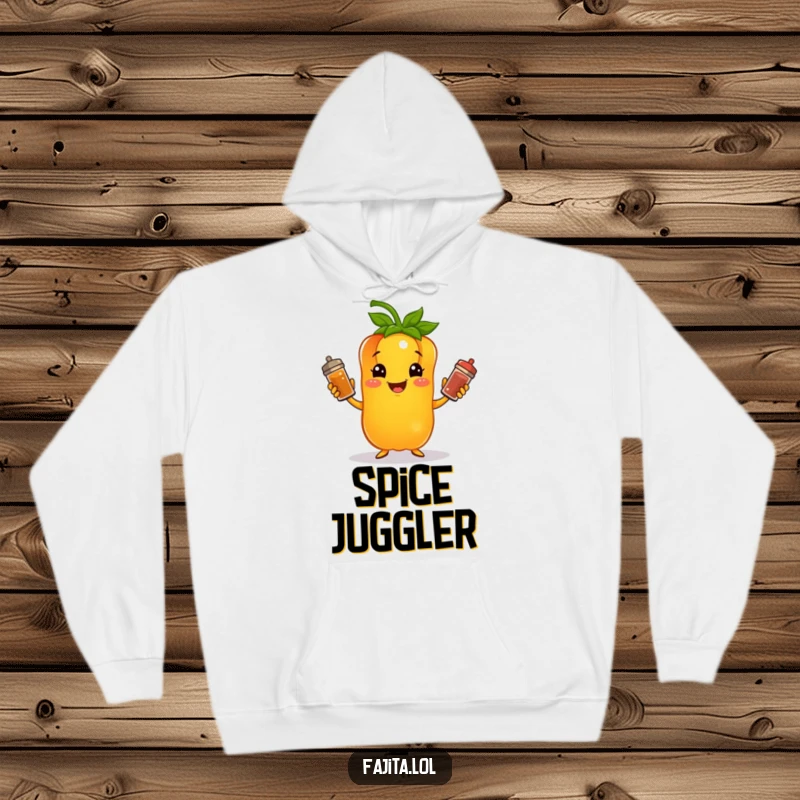 Funny hoodie featuring a cheerful bell pepper character expertly juggling three colorful spice shakers, bringing joy and spice.
