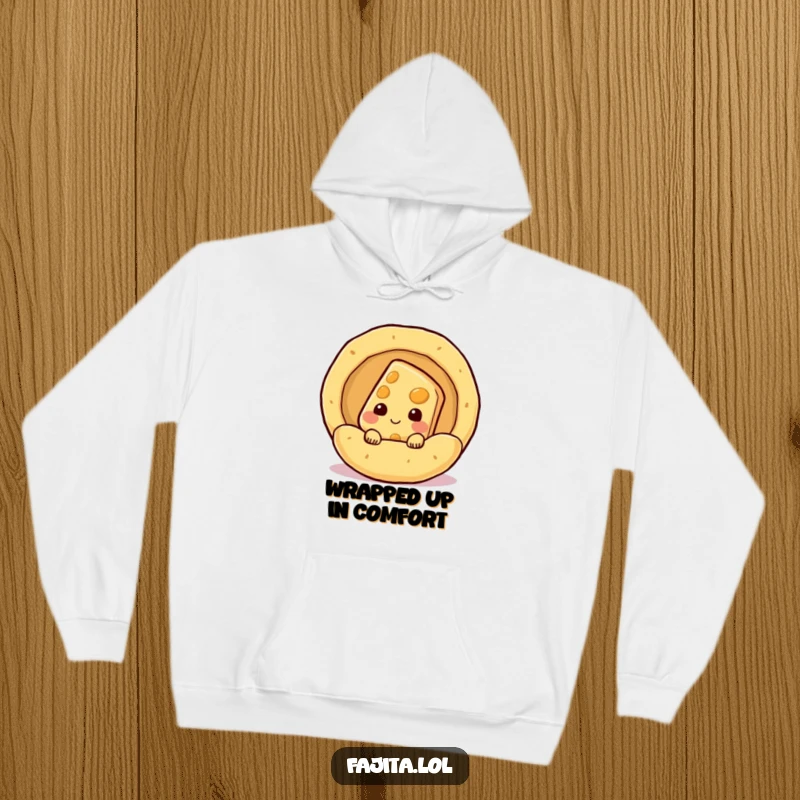 Funny shy cheese slice character peeking from a steaming tortilla on a hoodie, cozy and comical apparel.