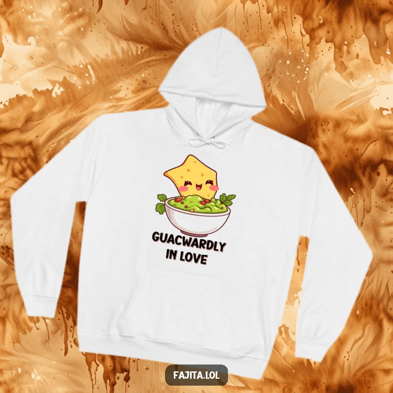 Funny hoodie featuring a blushing tortilla chip character enthusiastically diving into a bowl of green guacamole, full of happiness.
