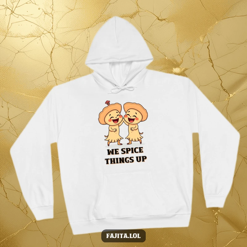 Funny hoodie showcasing two laughing fajitas in a dynamic salsa dance pose, perfect for staying warm while celebrating Mexican food humor.