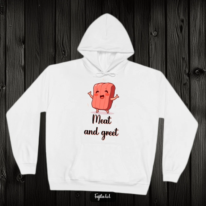 Funny hoodie featuring a smiling strip of grilled meat doing an excited shimmy dance, perfect for cozy, humorous wear.