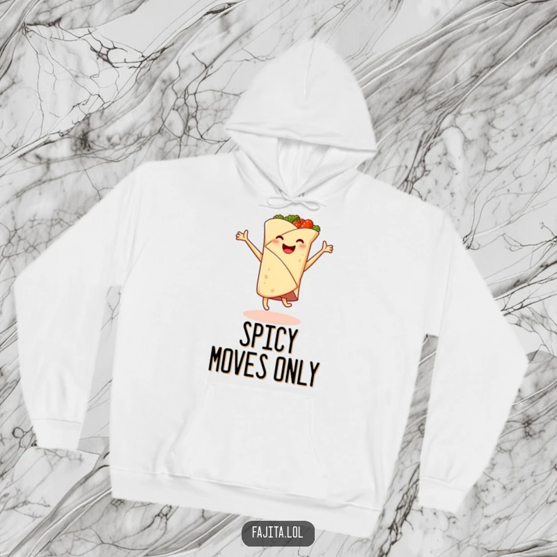 Funny hoodie featuring a smiling fajita wrap in a cartwheel pose, with spicy filling bursting out, embodying pure food-fueled joy.