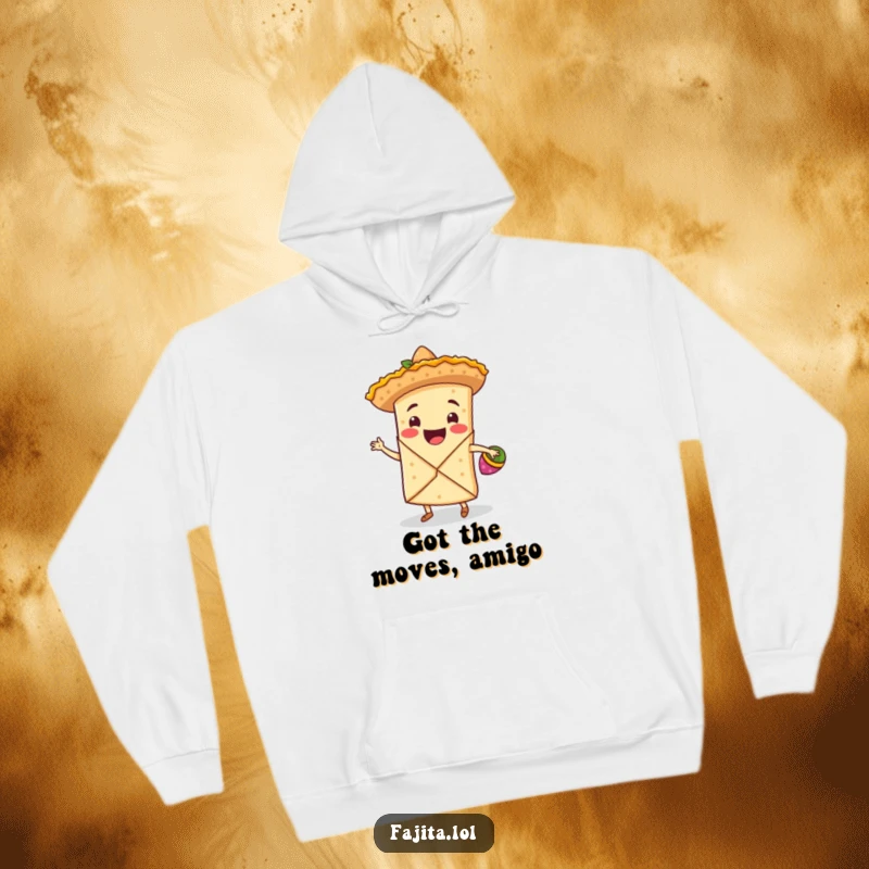 Funny hoodie with a smiling fajita wrap in a tiny sombrero, dancing with maracas, offering cozy and humorous fiesta vibes.