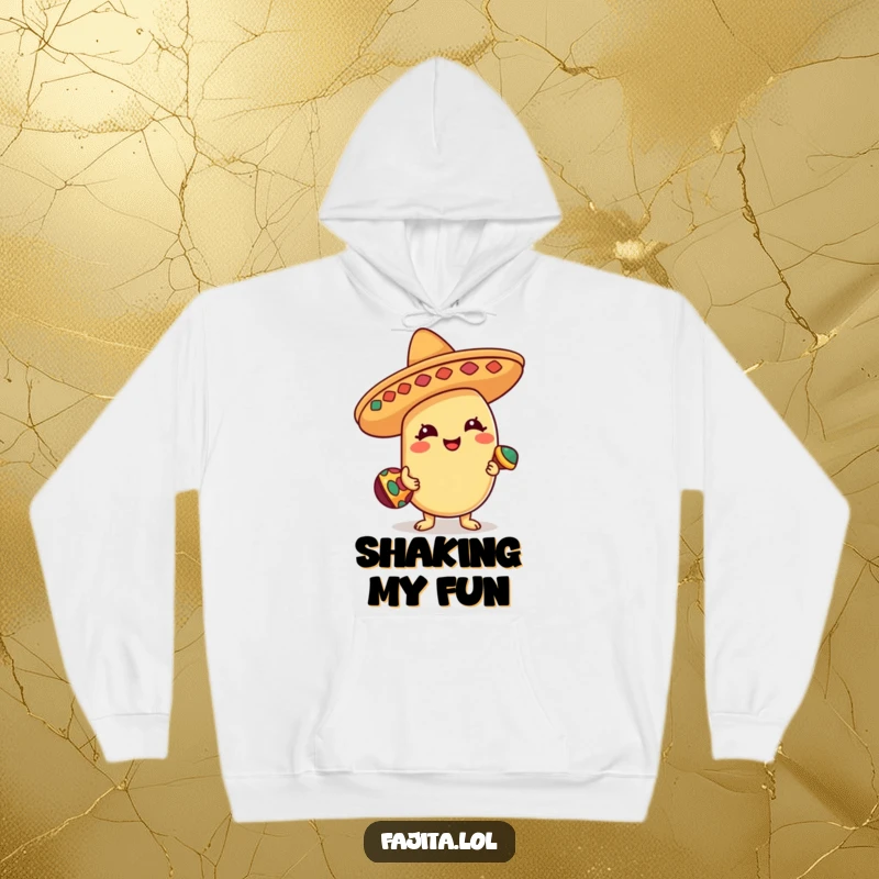 Funny Hoodie with a happy bean character in a sombrero, playing a tiny maraca, designed for ultimate comfort and festive cheer.