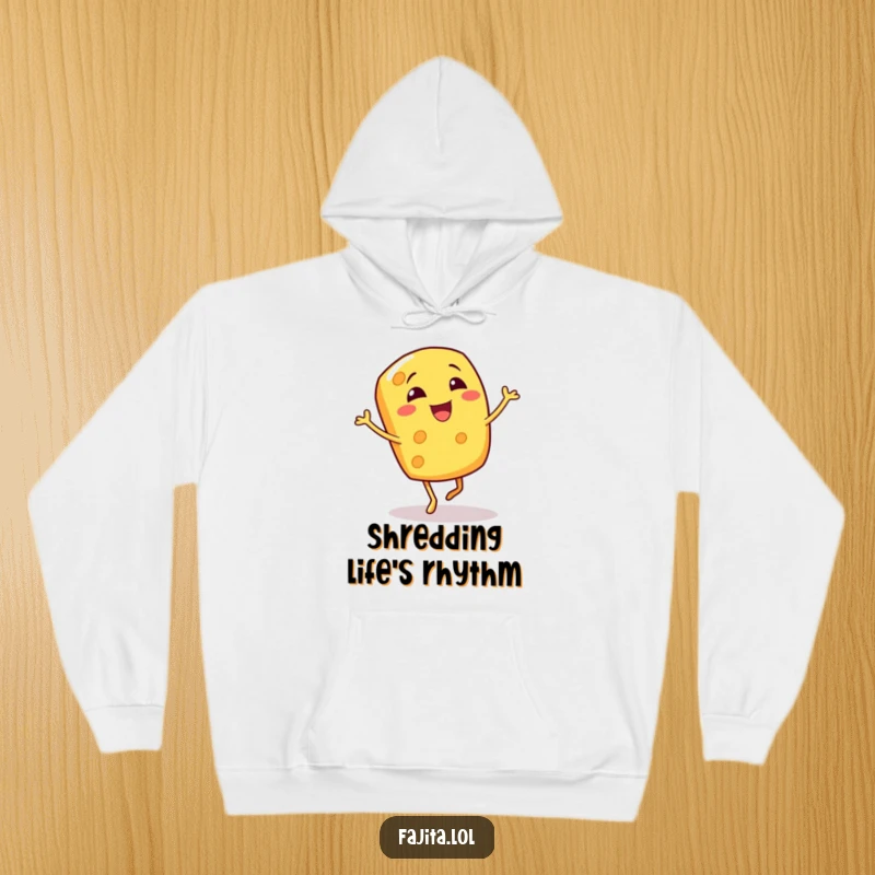 Funny hoodie showcasing a happy, giggling cheese shred character doing a lively bouncy jig, perfect for cozy laughs.