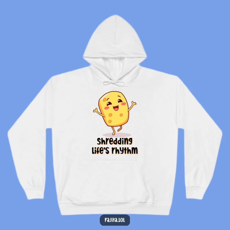 Stay warm and amused with this funny hoodie featuring a giggling cheese shred performing a bouncy jig. Ideal for lounging or making a statement.