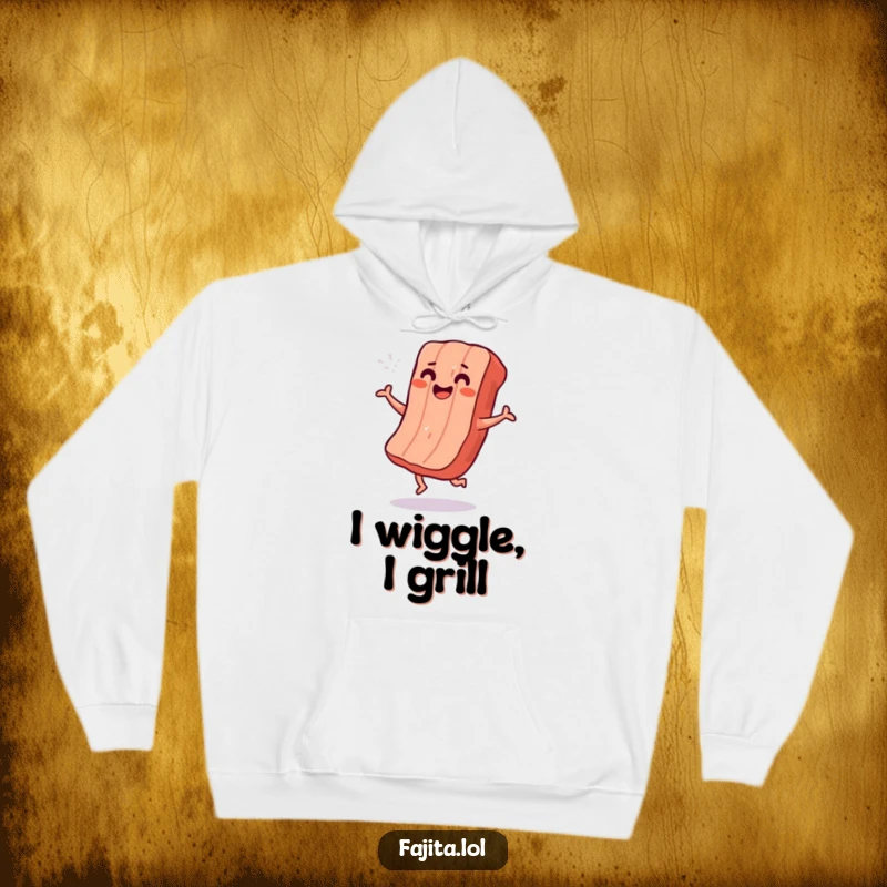 Funny hoodie featuring a smiling strip of grilled meat doing an excited shimmy dance, embodying culinary celebration.