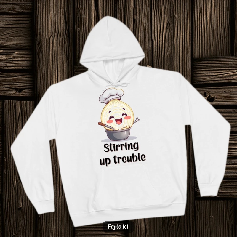 Funny hoodie featuring a delighted onion slice in a chef hat, happily stirring a pot, offering warmth and kitchen-inspired humor.