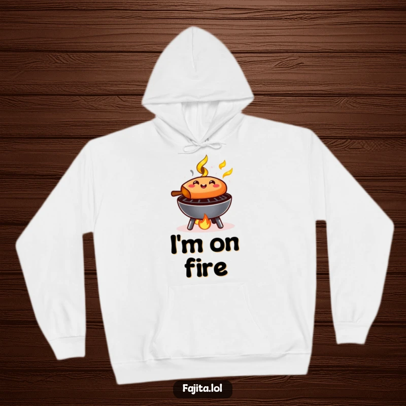 Funny Fajita Hoodie: A happy cartoon fajita sizzling on a miniature grill with tiny flames, perfect for cozy, humorous wear.