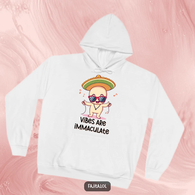 Funny hoodie featuring a delighted sombrero character wearing sunglasses and grooving to music, perfect for staying warm and looking cool.
