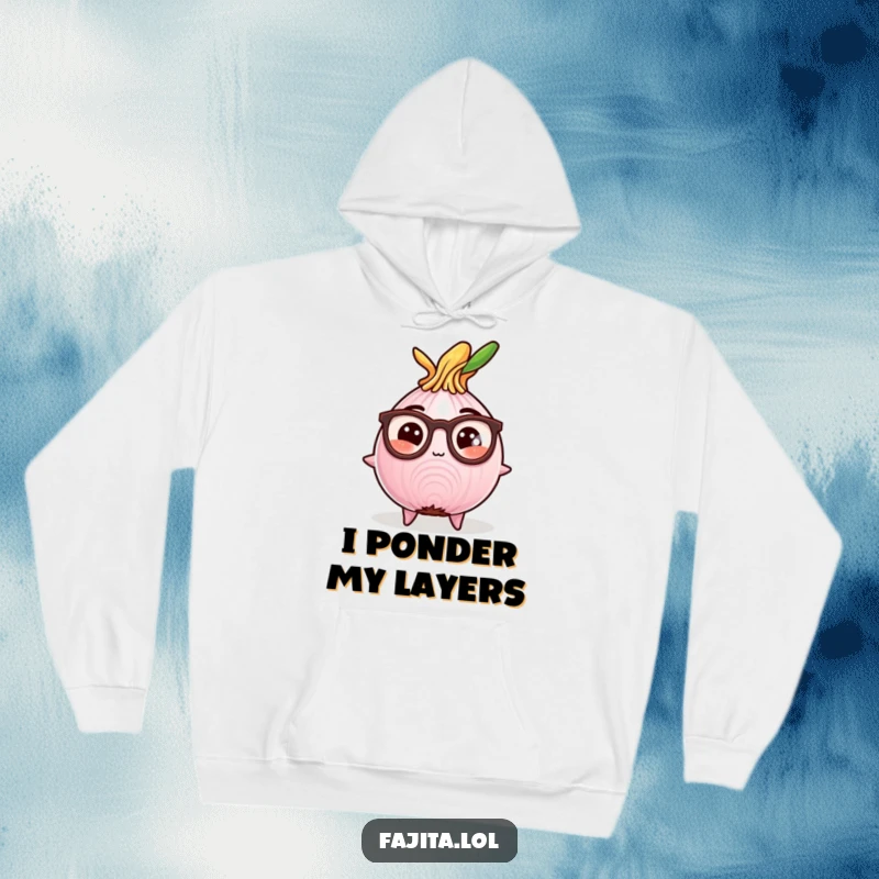 Funny hoodie depicting a studious fajita onion slice wearing reading glasses, offering comfortable and humorous apparel for the intellectually inclined.