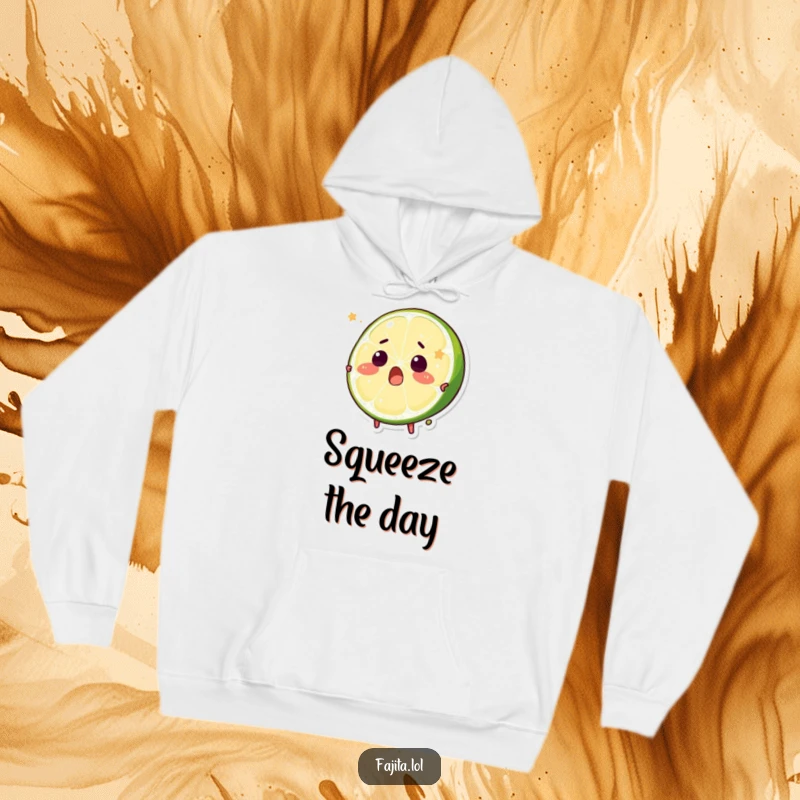 Funny hoodie depicting a surprised lime wedge character comically being squeezed, offering humorous warmth.
