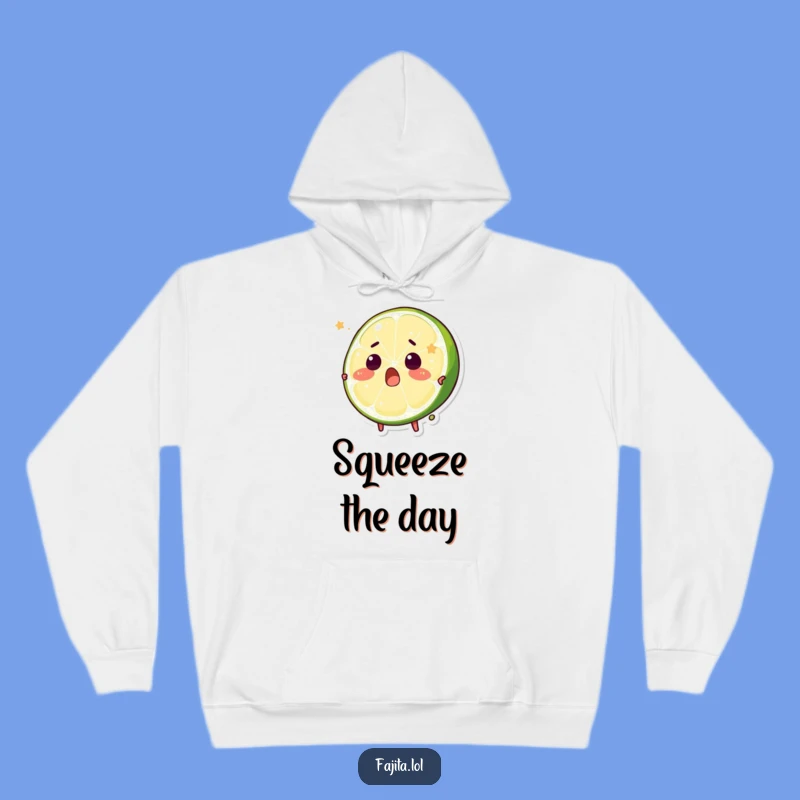 Stay warm and amused with this funny hoodie featuring a surprised lime wedge character being playfully squeezed. Perfect for lounging or making a statement.