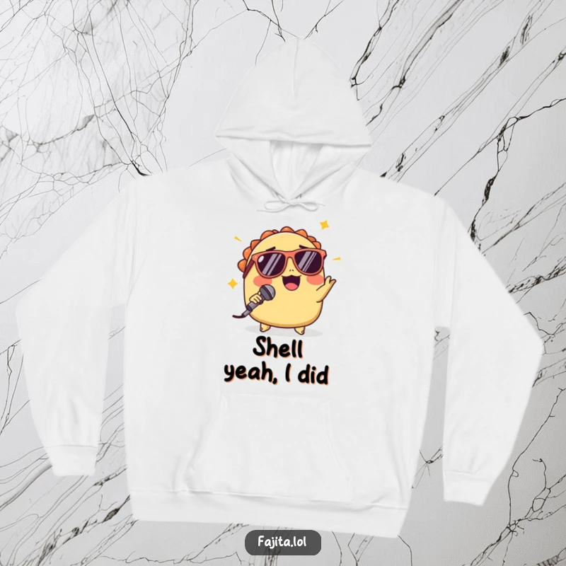 Funny hoodie featuring a winking taco with sunglasses performing a mic drop, exuding a cool and confident aura for chilly days.