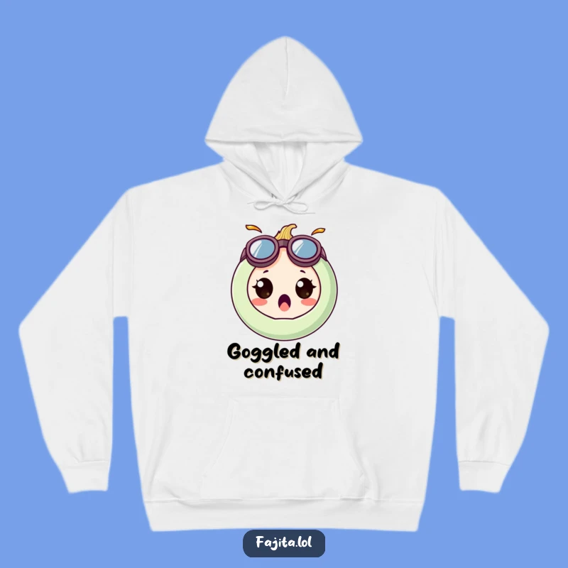 Stay warm and wonderfully weird with this funny onion ring hoodie! Those goggles are peak goofy.