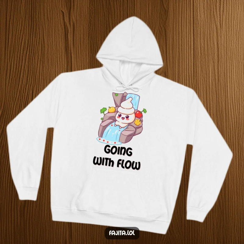 Funny Sour Cream Hoodie: A smiling sour cream dollop character sliding down a salsa waterfall, perfect for cozy, humorous wear.