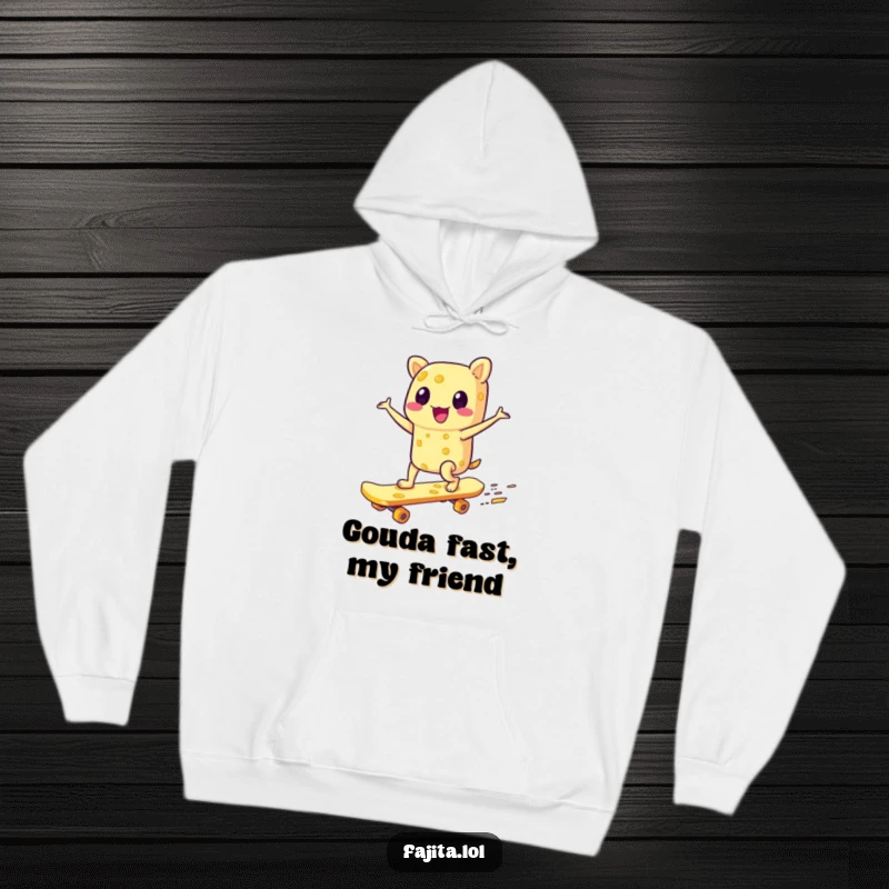 Funny hoodie showing a gleeful fajita character riding a cheese skateboard, embodying a playful and adventurous food-themed design.