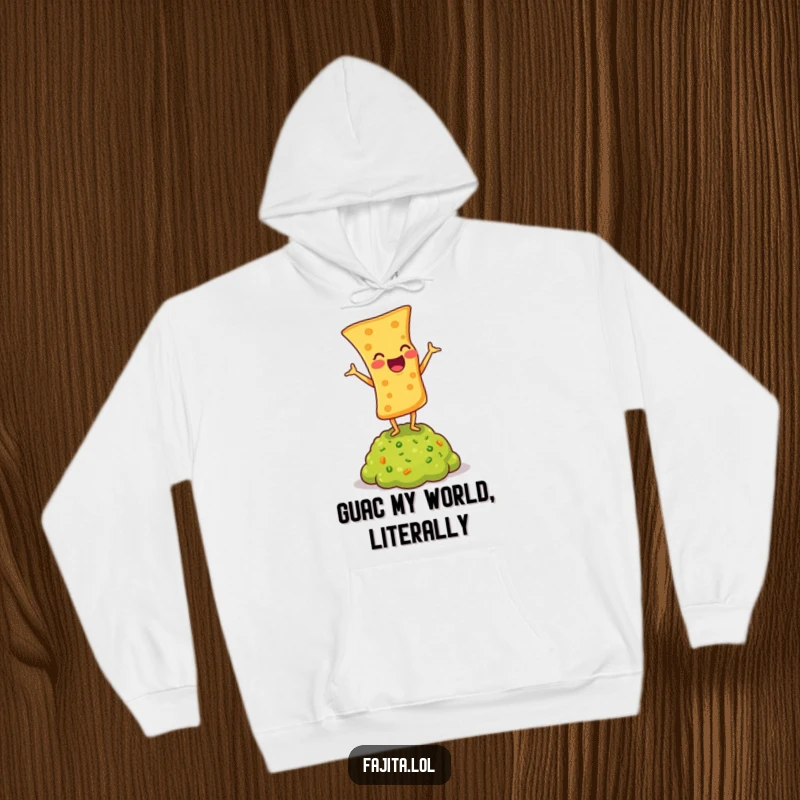 Funny hoodie featuring a laughing tortilla chip doing a headstand on guacamole, offering warmth and a humorous twist.