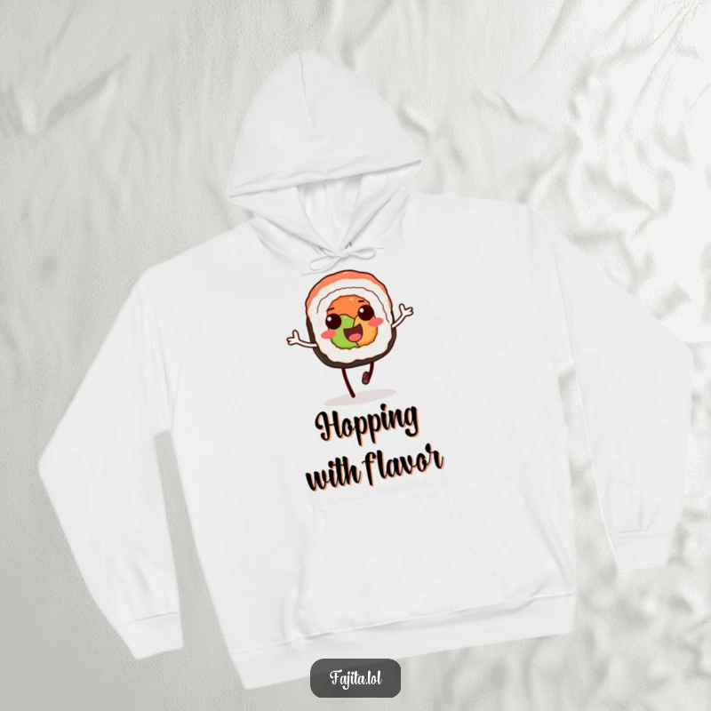 Funny hoodie featuring a delighted sushi roll with soy sauce legs, enthusiastically doing a happy little hop.