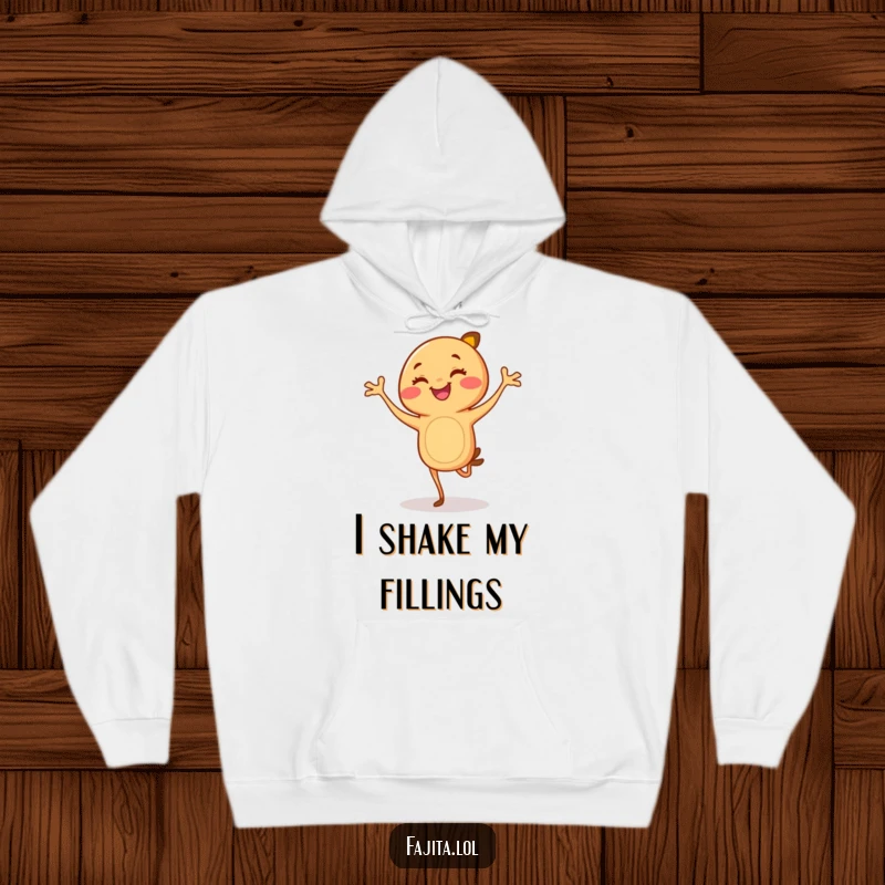 Funny Fajita Hoodie: A smiling cartoon fajita with legs executing a lively flamenco dance, perfect for a cozy and humorous feel.