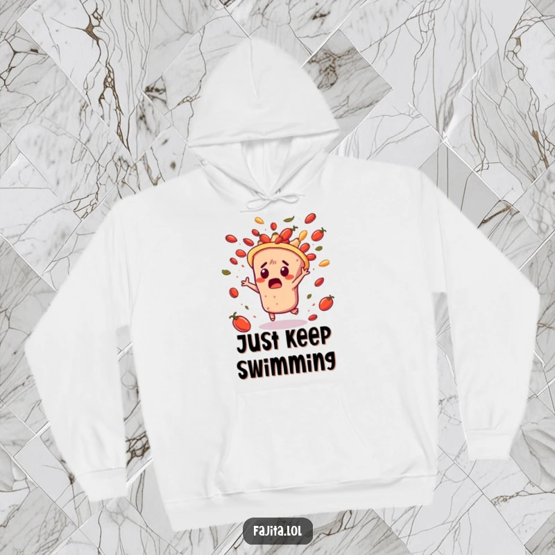 Funny hoodie showing a surprised fajita character dodging a cascade of flying salsa, embodying a playful and chaotic food-themed design.