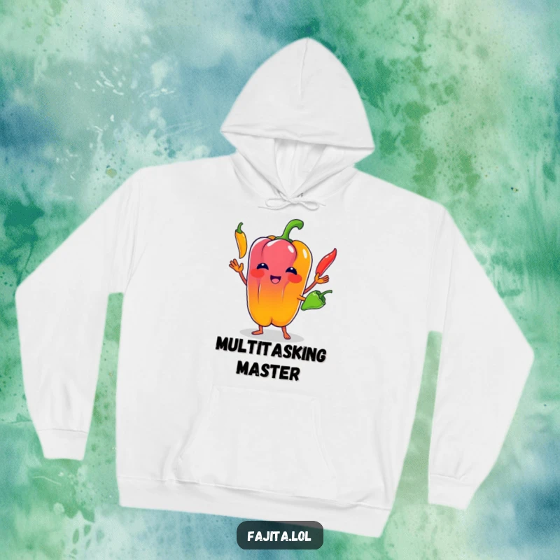 Funny Bell Pepper Hoodie: A cheerful bell pepper character in mid-juggle with colorful chili peppers, offering cozy humor.
