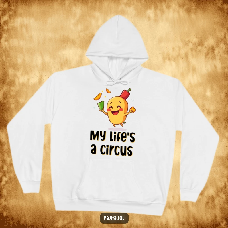 Funny hoodie showing a cheerful fajita juggling fiery pepper slices, embodying a playful and energetic food-themed design perfect for laughter.