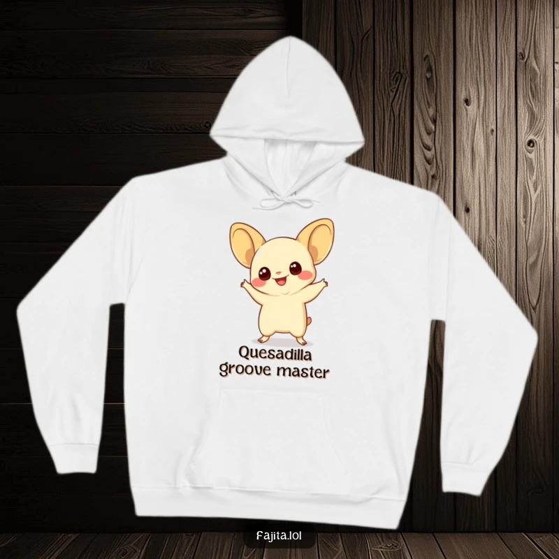 Funny quesadilla hoodie featuring a smiling quesadilla with wide eyes performing a silly dance, perfect for cozy, cheesy humor.