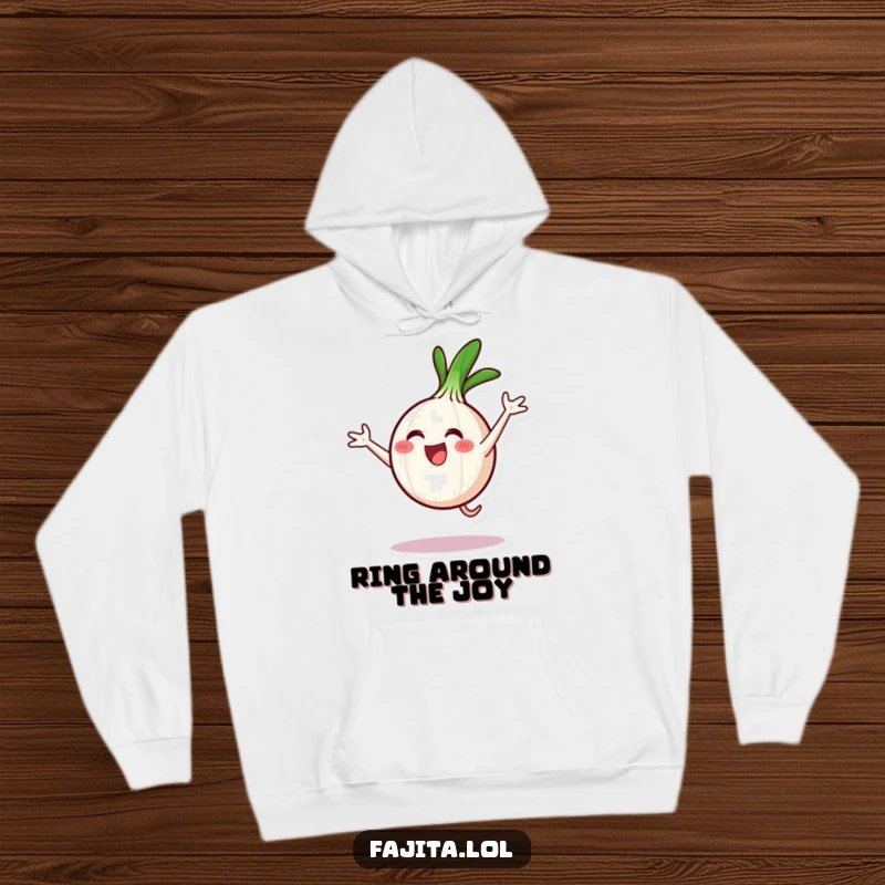 Funny hoodie graphic of a happy onion ring character doing a dynamic cartwheel, perfect for casual wear.