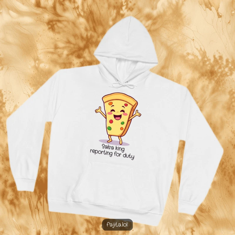 Funny hoodie featuring a smiling fajita slice executing a lively salsa dance, perfect for a fun-loving individual who enjoys comedic designs.
