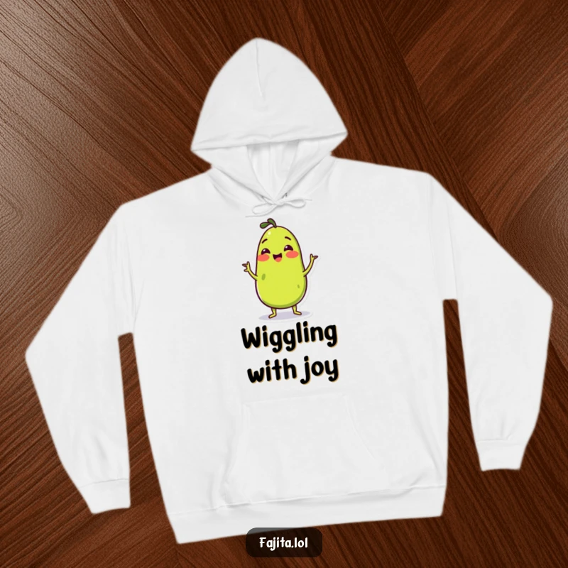 Funny Hoodie featuring a cheerful guacamole character doing a happy wiggle, designed for ultimate coziness and infectious good vibes.