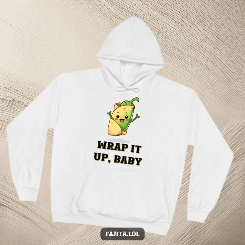 Funny hoodie depicting a cheerful tortilla hugging a jumping jalapeño, offering warm, humorous, and spicy-themed comfort.