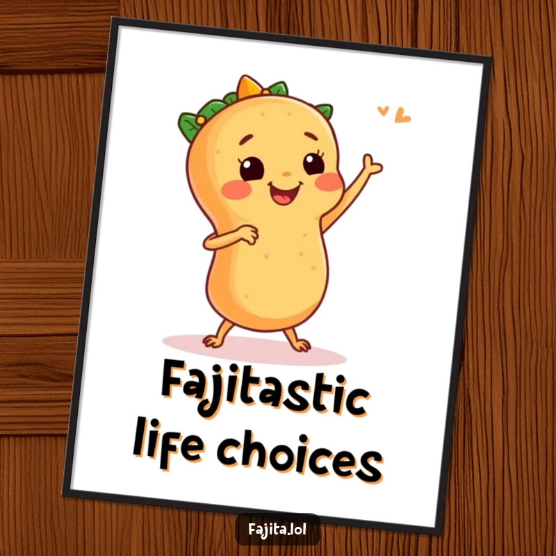 Funny Free Printable Wall Art of a smiling fajita performing an energetic salsa dance with tiny legs.